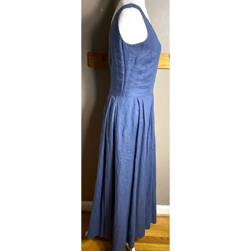 Sundance Linen Dress Blue Fit Flare Maxi Minimalist Luxury Wedding Guest Women 4 - Picture 13 of 13